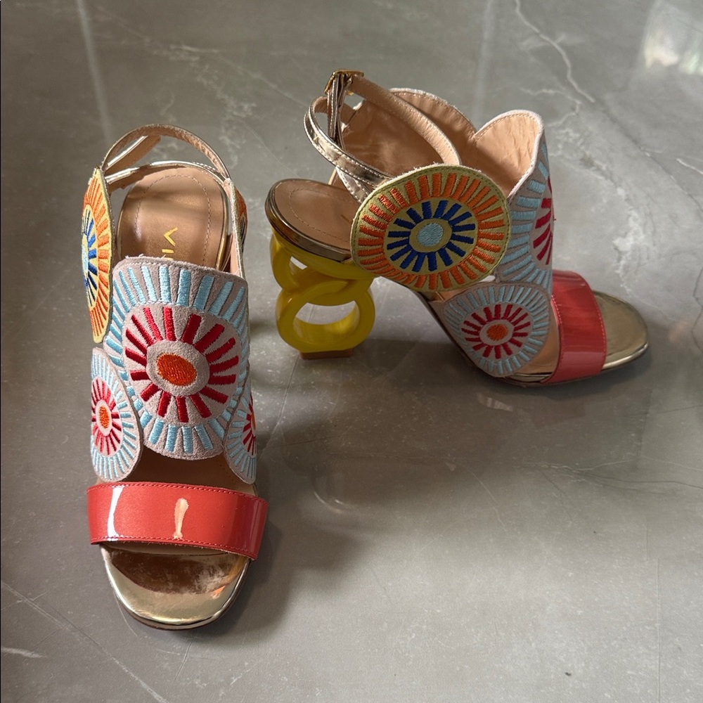Colorful Embroidered Heels with Unique Yellow Heel